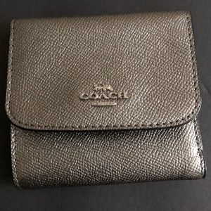 NWOT Coach Gun metal gray metallic trifold wallet